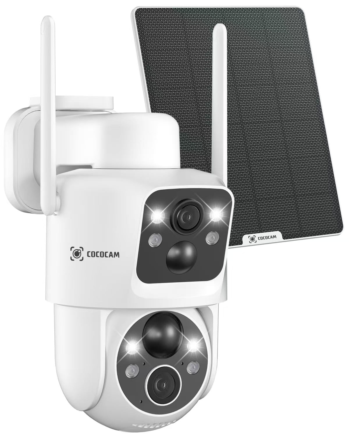 COCOCAM 2K Solar Überwachungskamera Aussen Akku WLAN mit Dual-Objektiv, Dual PIR, 10000mAh Akku, KI-Analyse, 6W Sonnenkollektor, Farbnachtsicht